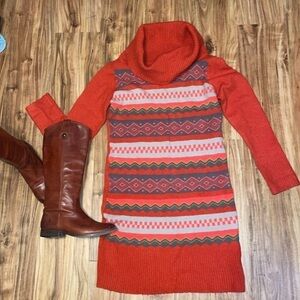 BCBG womens sweater dress Large 12 14 pattern fall cowl neck orange BCBGMAXAZRIA